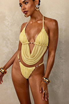 Bernato Étoile Perle Limon Sarısı Drapeli İnci Detaylı Brazilian Kesim Premium Monokini Bikini Takımı