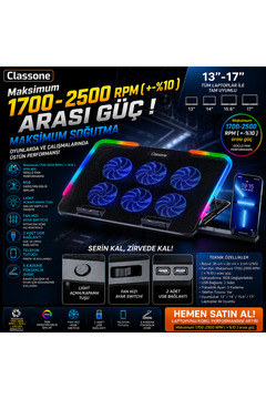 Classone Gaming M60 Laptop Soğutucu 2500 RPM , RGB ,Telefon Standı, 15.6 - 17 inch Uyumlu
