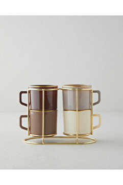 English Home Brownfall Cam Standlı ve 4’lü Kupa 180 ml Kahverengi-Gold