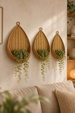 Bayev 9203 Rattan Örgü 3'Lü Dekoratif Asılabilir Kitaplık Çiçeklik Sepet Set - 3 Boy Dekor Sepeti