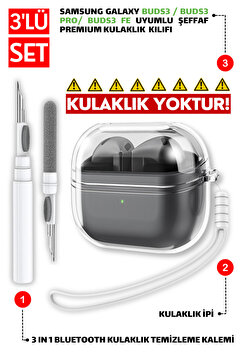 EWEC Samsung Galaxy Buds3, Buds3 Pro, Buds3 Fe Uyumlu Şeffaf Kılıf, Kulaklık İpi, Temizleme Kalemi Seti