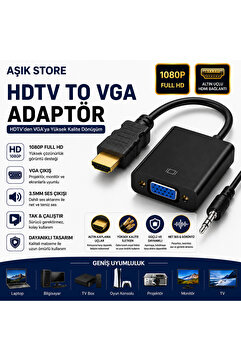 AŞIK STORE HDMI to VGA Adaptör 1080P Full HD Altın Uçlu 3.5mm Ses Çıkışlı HDMI Erkek VGA Dişi Dönüştürücü Laptop Monitör Projeksiyon TV Bilgisayar