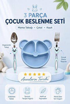 MorBebe Baby 3 Parça Tavşan Figürlü Çocuk Çatal Kaşık Ve Mama Tabağı Seti (mavi)