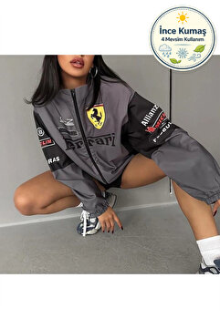 Lushen Ferrari Gri Unisex Paraşüt Kumaş Oversize Dijital Baskılı Gri Rüzgarlık Yağmurluk İnce Ceket