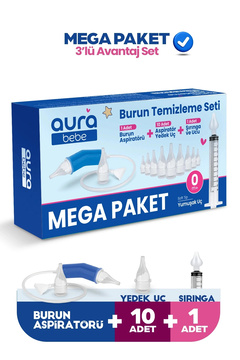Aura Bebe MEGA PAKET Bebek Burun Temizleme Aspiratörü, 10 Yedek Uç ve Burun Temizleme Şırıngası
