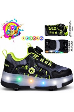 Kids Club Shoes Kocamanlar Kids Club Akıllı Bağcıklı Işıklı Ortopedik Patenli Tekerli Çocuk Spor Ayakkabı SİYAH