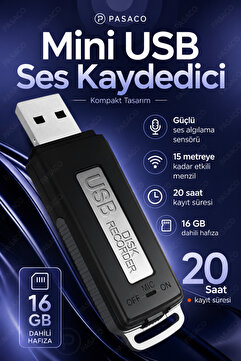 PASACO 16 GB USB Ses Kayıt Cihazı Tek Tuşla Kayıt WAV Format Mini Dijital Ses Kaydedici