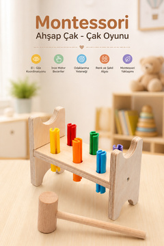 Hopiers Montessori Renkli Ahşap Çak-Çak, Çekiç Oyunu / 1+ Yaş / Eğitici, Öğretici ve Güvenli Çocuk Oyuncağı