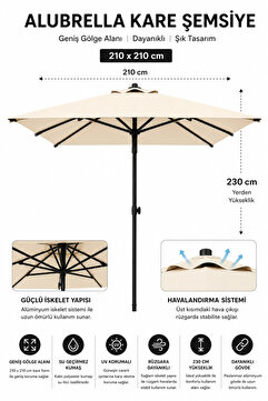 Düvenci Alubrella Güneş Şemsiyesi Kare, 210 CM, Krem Rengi Su Geçirmez Kumaş, Bidonsuz