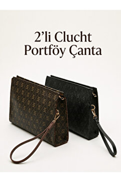 Zeyne Zyn04 2’li Set Kadın Portföy El Çantası Bilek Askılı Şık Portföy Clutch Çanta Seti Siyah/Kahverengi