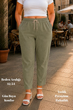 CEDY DENIM Kadın Yazlık Haki Sentetik Keten Görünümlü Yüksel Bel Dar Paça Bağcıklı Büyük Beden Mom Pantolon