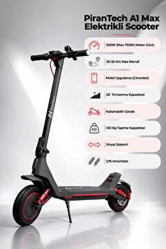 PiranTech A1 Max Elektrikli Scooter 500W – 750W Kırmızı | Uzun Menzil | Mobil Uygulama | Çift Amortisör