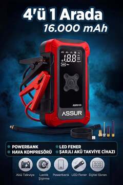 ASSUR 4'ü 1 Arada Dijital Göstergeli | Powerbank | Led Fener | Hava Kompresörü| Şarjlı Akü Takviye Cihazı