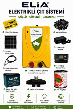 ELIA ELEKTRİKLİ ÇİT MAKİNASI – DOMUZ, İNEK, KOYUN, KEÇİ ve YABANİ HAYVAN KOVUCU (3-4 Dönüm Solar Set)