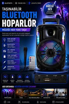 resolut Bluetooth Parti Hoparlör Karaoke RGB Led Mikrofonlu Uzaktan Kumandalı Aux Ses Sistemi