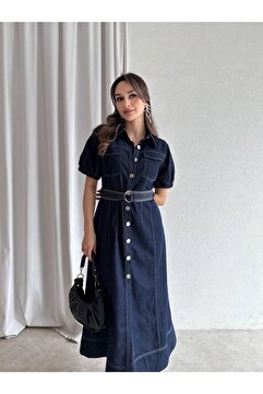 Klex Kadın Denim Elbise – Kemerli, Düğmeli, Kısa Kol, Günlük ve Şık Midi Jean Elbise