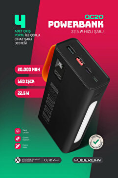 Powerway 20.000 Mah Pd 22.5w Kablolu 3.0 Hızlı Şarj Gerçek 20.000 Mah Garantili Işıklı Qc20 Siyah Powerbank