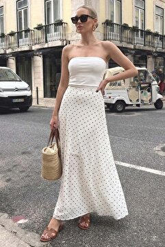 Madmext Beyaz Minimal Puantiye Desen Şifon Astarlı Etek MG2821