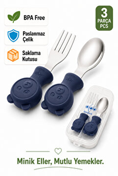 jojobebek Premium Çocuk BPA Free Kaliteli Silikon Saplı Paslanmaz Çelik Uçlu Çatal-Kaşık /LACİVERT
