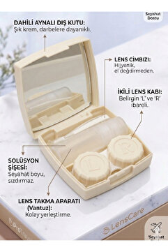 Singularis Krem Renk Aynalı Lens Kutusu - 5 Parça Pratik Seyahat Seti