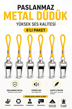 Milena Life Kaliteli 6 Adet Sarı İpli Paslanmaz Metal Deprem ve Acil Durum Düdüğü, Yüksek Sesli Hakem, Cankurtaran, Kamp ve Spor Düdük Seti