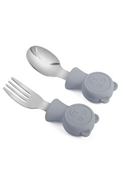 Chavin 304 Çelik Gri Bebek Ayıcık Model Çocuk Kaşık ve Çatal Set cin766gr