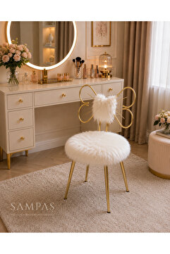 SAMPAŞ Luxury Gold Fiyonklu Makyaj Sandalyesi Modern Puf Koltuk (2026 Beyaz)