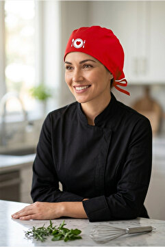 enmalife Kaşık Çatal Kalp Temalı KIRMIZI Chef Bonesi | Özel Tasarım Aşçı Ve Şef Bonesi