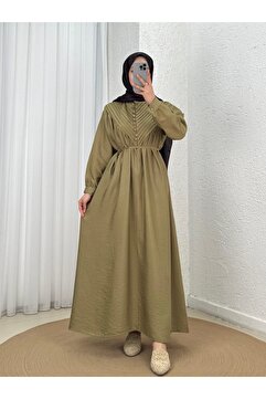 MİHRA STORE Ayçıl Nervürlü Modal Elbise-NA2407 Yağ Yeşili
