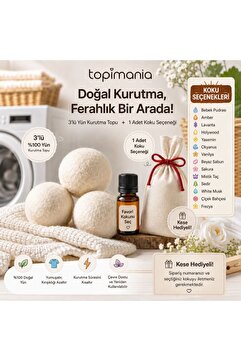 Topimania 3 Adet Xxxl Çamaşır Yün Kurutma Topu 1 Adet 10 ml Esansiyel uçucu yağ + kese - Kurutma Makinesi Için Doğal Yerli Üretim