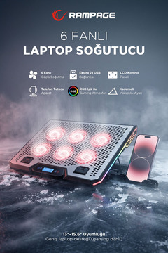 Rampage Blizzard R7 RGB Işıklı 6 Fanlı LCD Ekranlı 2 Usb Soketli 13-15.6 Notebook Soğutucu Stand