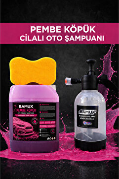 Bamux 5 LT Cilalı Oto Şampuanı Seti | Yoğun Pembe Köpük + Köpük Pompası + Sünger | Araç Parlatıcı Temizlik