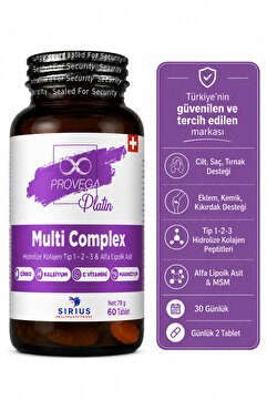 Provega Platin Multi Complex %100 Doğal Kolajen Tip 1-2-3 - Alfa Lipoik Asit Magnezyum Kalsiyum Çinko Bor Vitamin C-D3, 60 Tablet