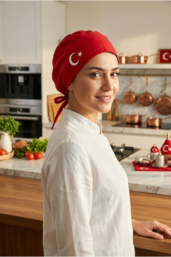 enmalife Beyaz Ay Yıldızlı Kırmızı Chef Bonesi | Özel Tasarım Aşçı Ve Şef Bonesi