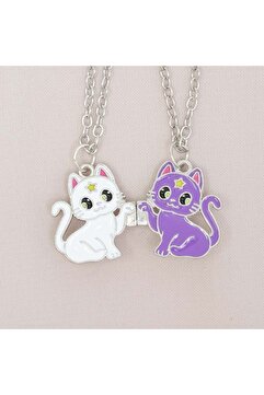 Zuum Accessories 2 li Beyaz , Mor Kedi Detaylı Mıknatıslı Zincir Kolye , Arkadaşlık Kolyesi , Best Friends