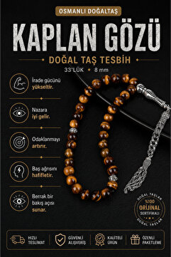 OSMANLI DOĞAL TAŞ Orijinal & Sertifikalı Kaplan Gözü Doğal Taş El Yapımı Özel Kutulu Hediyelik Erkek Tesbih 33lük 8mm
