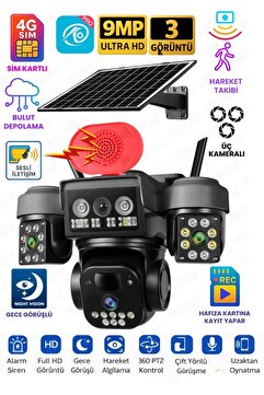 O-KAM OK8090 4G Simkartlı Solar 3 Lens 9MP Siren + Mikrofon + Hoparlör+ Yapay Zeka Güneş Panelli PTZ Kamera