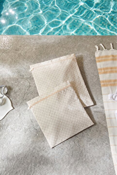 Ocean Home Textile 2 Adet Su Geçirmez Pvc Astarlı Bej Dama Desen Mayo Islak Kuru Kirli Temiz Çamaşır Çantası