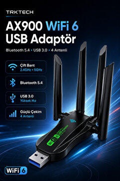 TrkTech AX900 WiFi 6 Bluetooth 5.4 USB Adaptör 4 Antenli Çift Bant 2.4 GHz 5 GHz USB 3.0 PC WiFi Adaptör