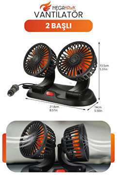 MEGAHAWK Çift Başlı Araç İçi Vantilatör 12V Çakmak Girişli Ayarlanabilir Oto Fan