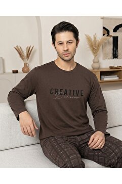 Sude HOMEWEAR Erkek Uzun Kol Kahverengi Önü Yazılı Pijama Takımı