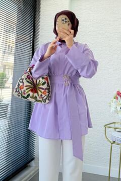 MELEK ARAZ Bronş Detaylı Geniş Kemerli Poplin Tunik – Lila