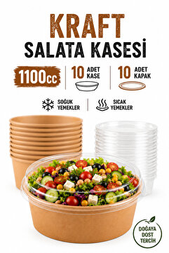 Delvos 1100 cc Kraft Bowl Salata Diyet Kasesi Kapaklı 10 Adet Büyük Boy Yuvarlak Karton Şeffaf Kapaklı 37 oz Sıcak ve Soğuk Yemekler