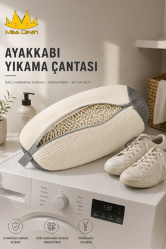 MissClean Ayakkabı Yıkama Çantası Özel Makarna Kumaş Fermuarlı Büyük Boy Mikrofiber Beyaz Renk