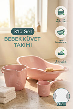 Vienev 3'lü Set Fileli Yenidoğan Küvet Seti Pembe