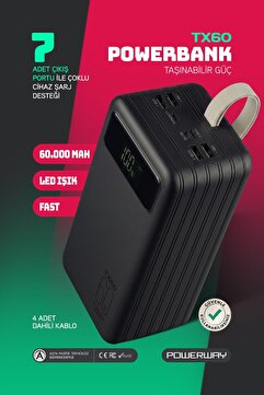 Powerway 60.000 Mah Kablolu Dijital Göstergeli Gerçek 60.000 mAh Garantili Işıklı Kamp Tx60 Siyah Powerbank