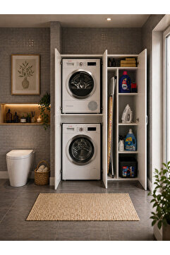 Eriza Home Çamaşır Ve Kurutma Makinesi Dolabı, Ütü Masası Ve Temizlik Kovası Bölmeli Çok Amaçlı Banyo Dolabı