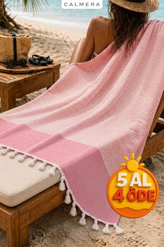 Calmera Çizgili Peştemal | Pamuk - Doğal Saçaklı | Plaj, Havuz, Spa, Sauna, Spor, Seyahat Havlusu - Pembe