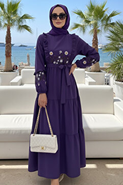 N.S NEVA STYLE Desenli Mor Tesettür Elbise 10327MOR