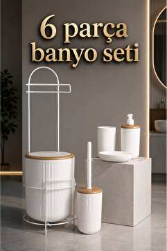 Okyanus Home Kırık Beyaz Yuvarlak Mina Due Wc Kağıtlık ve 6 Parça Banyo Seti - Kırık Beyaz